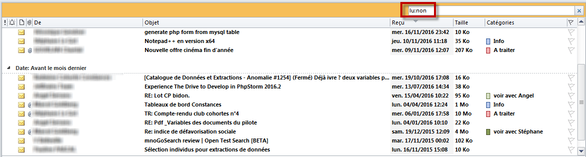 recherche outlook - lu:non